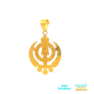 VeerGi 22-karat gold Sikh pendant featuring the Khanda symbol in a gloss finish. This pendant is part of the Sikh Pendant collection with the code RSP1223. It weighs 9.4 grams and has dimensions of approximately 5.3 cm by 3.1 cm.