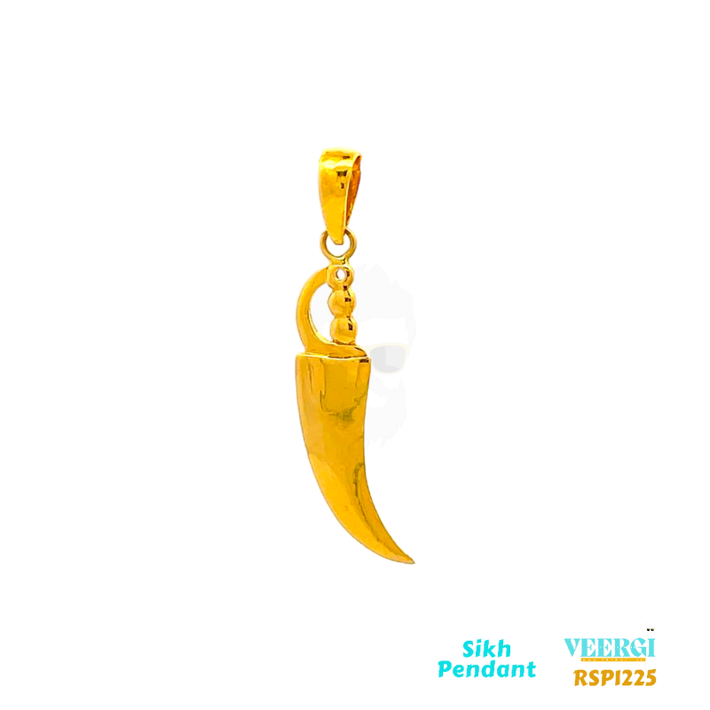 VeerGi 22-karat gold Sikh Talwar pendant, where the Talwar (sword) is finished in a gloss style. This pendant is part of the Sikh Pendant collection with the code RSP1225. It weighs 2.5 grams and has dimensions of approximately 3.9 cm by 1.4 cm.