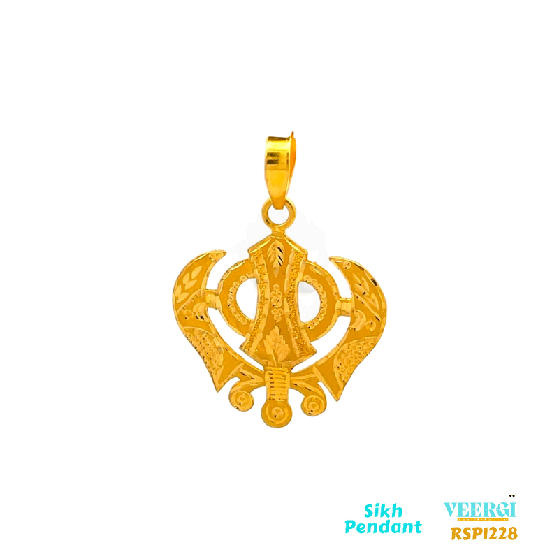 VeerGi 22-karat gold Sikh pendant featuring the Khanda symbol in a sand finish. This pendant is part of the Sikh Pendant collection with the code RSP1228. It weighs 11.5 grams and has dimensions of approximately 5.0 cm by 3.6 cm.