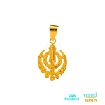 VeerGi 22-karat gold Sikh pendant featuring the Khanda symbol in a sand finish. This pendant is part of the Sikh Pendant collection with the code RSP1229. It weighs 5.9 grams and has dimensions of approximately 4.2 cm by 2.2 cm. 