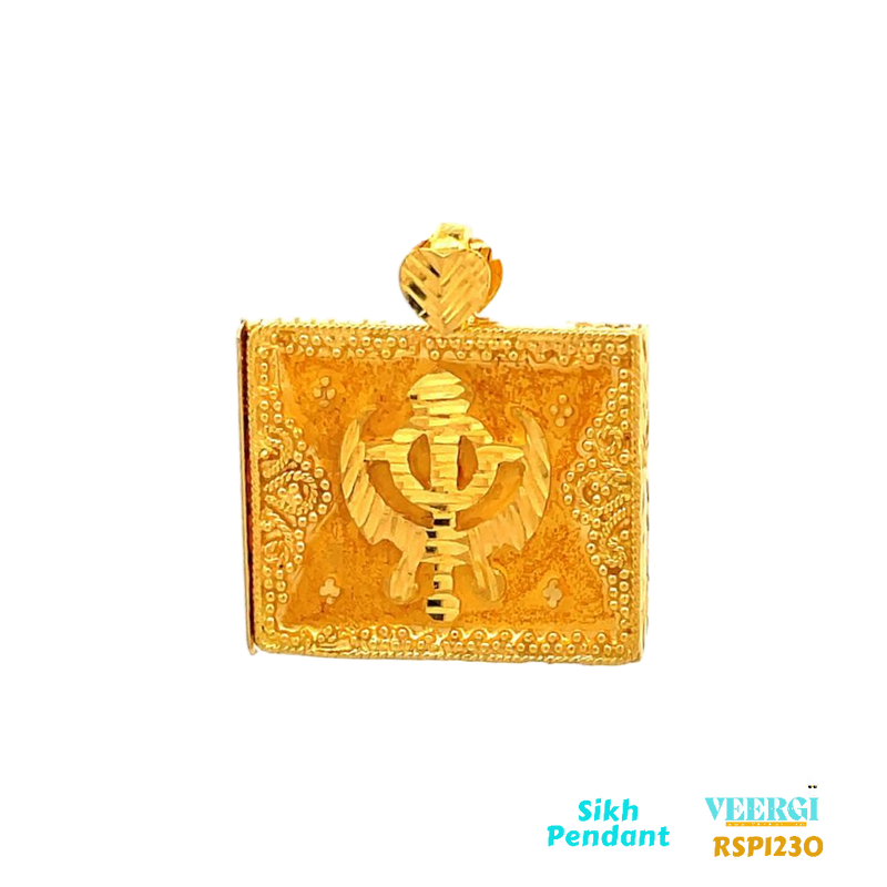VeerGi 22-karat gold Sikh pendant featuring the Khanda symbol on a Taweez. The Taweez is in a sand finish and has traditional Punjab designs. This pendant is part of the Sikh Pendant collection with the code RSP1230. It weighs 8.8 grams and has dimensions of approximately 2.5 cm by 2.3 cm.