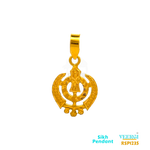 VeerGi 22-karat gold Sikh pendant featuring the Khanda symbol in a sand finish. This pendant is part of the Sikh Pendant collection with the code RSP1235. It weighs 5.0 grams and has dimensions of approximately 3.7 cm by 2.0 cm.