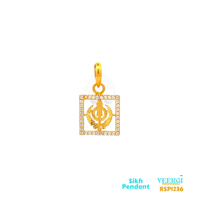 VeerGi  22-karat gold Sikh pendant featuring a small Khanda pendant held within a square gold box covered in Cubic Zirconia. This pendant is part of the Sikh Pendant collection with the code RSP1236. It weighs 2.0 grams and has dimensions of approximately 2.2 cm by 1.3 cm.