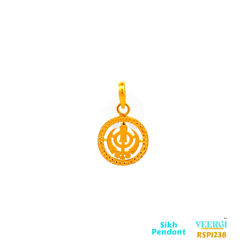 VeerGi 22-karat gold Sikh pendant featuring a small Khanda pendant held within a ring. This pendant is part of the Sikh Pendant collection with the code RSP1238. It weighs 1.5 grams and has dimensions of approximately 2.0 cm by 1.3 cm.