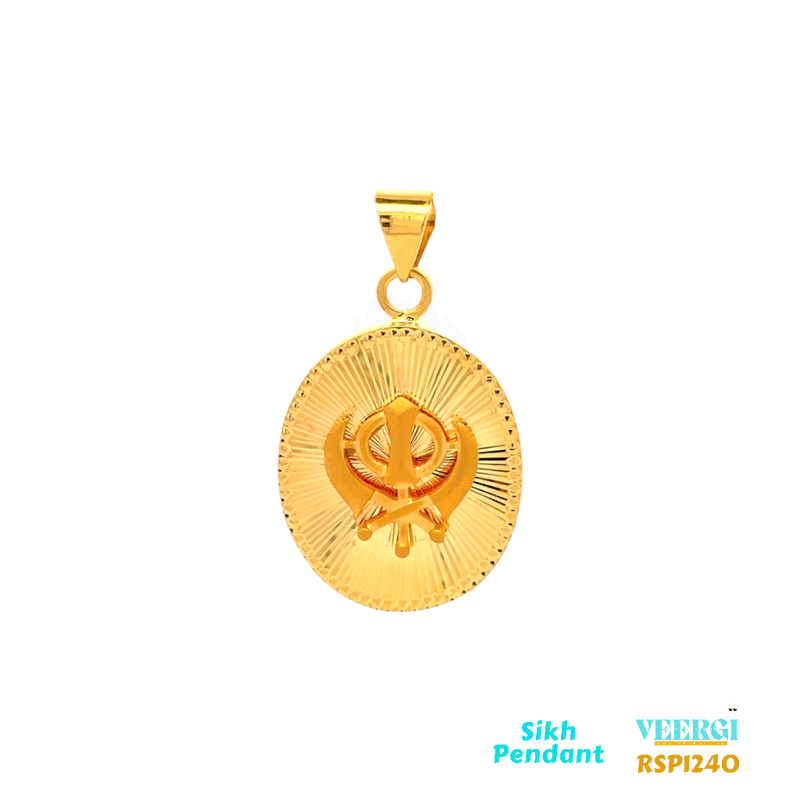 VeerGi 22-karat gold Sikh pendant featuring a 3D cut-out of the Khanda symbol on an oval base with a rays design. The Khanda symbol is in a matt finish. This pendant is part of the Sikh Pendant collection with the code RSP1240. It weighs 17.8 grams and has dimensions of approximately 5.1 cm by 3.0 cm.